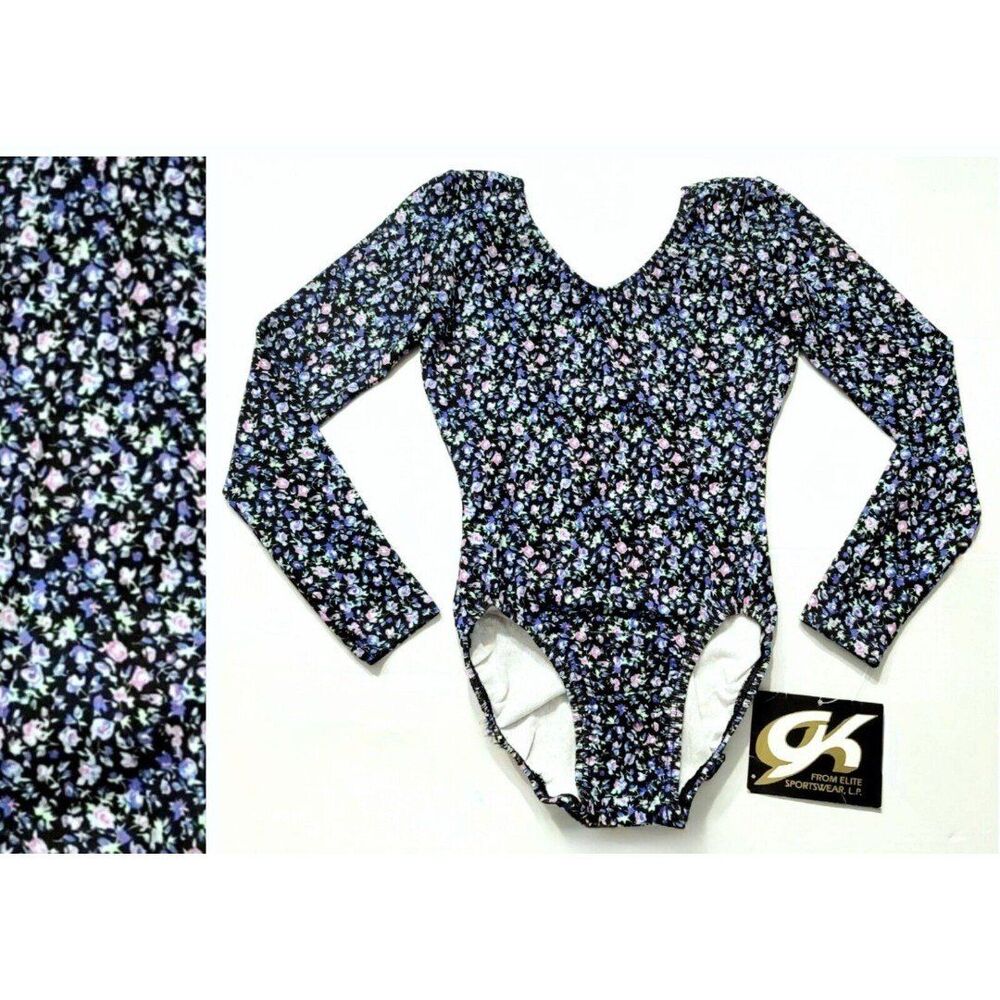 GK Elite VTG Long Sleeve Cotton Leotard Bodysuit AXS Adult XS Black Floral NWT